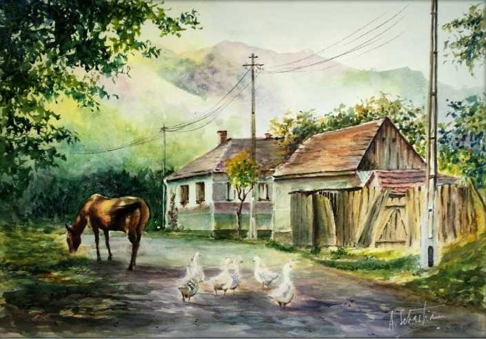 ”Satul bănăţean – Stanciova” – acuarela – 40x30cm (2017)