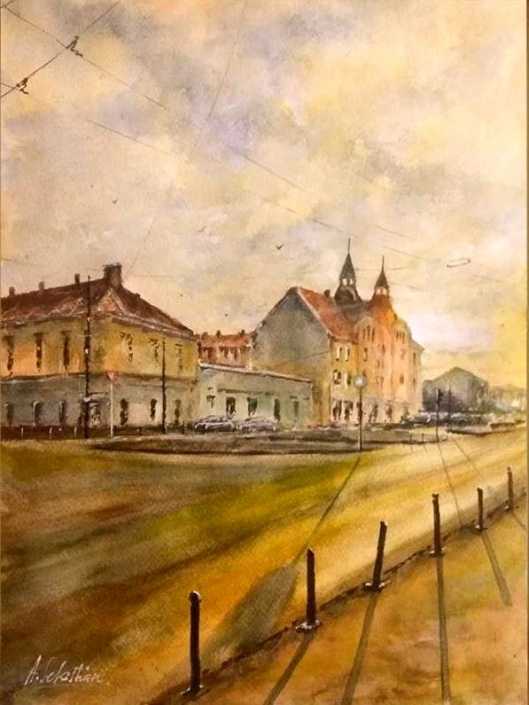 ”Timișoara – Casa Csermak în răsărit” – acuarela – 30x40cm (2019)